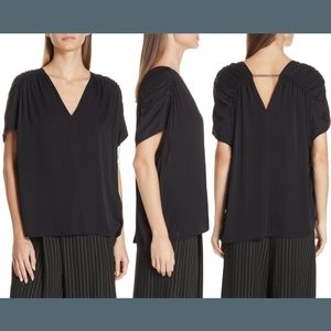 NEW $275‎ Vince Ruched Shoulder Stretch Silk Blouse in Black [SZ XS ]